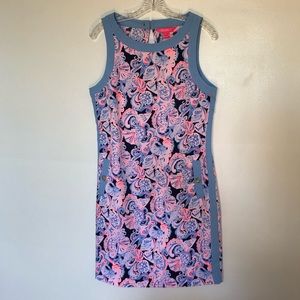 Pink shift dress with pockets and blue shell pattern by Lilly Pulitzer